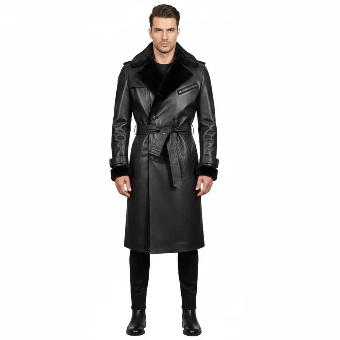 B3 Shearling Leather Trench Coat | Double Breasted Long Overcoat | Aviator Winter Jacket