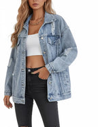 Distressed Denim Jacket for Women – Light Wash Oversized Jean Jacket