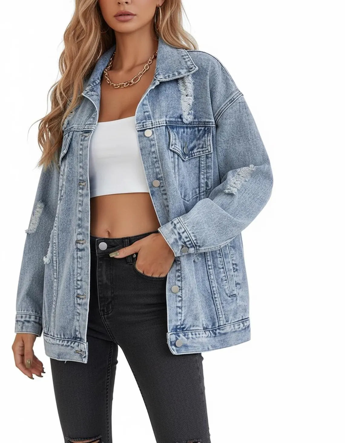 Distressed Denim Jacket for Women – Light Wash Oversized Jean Jacket