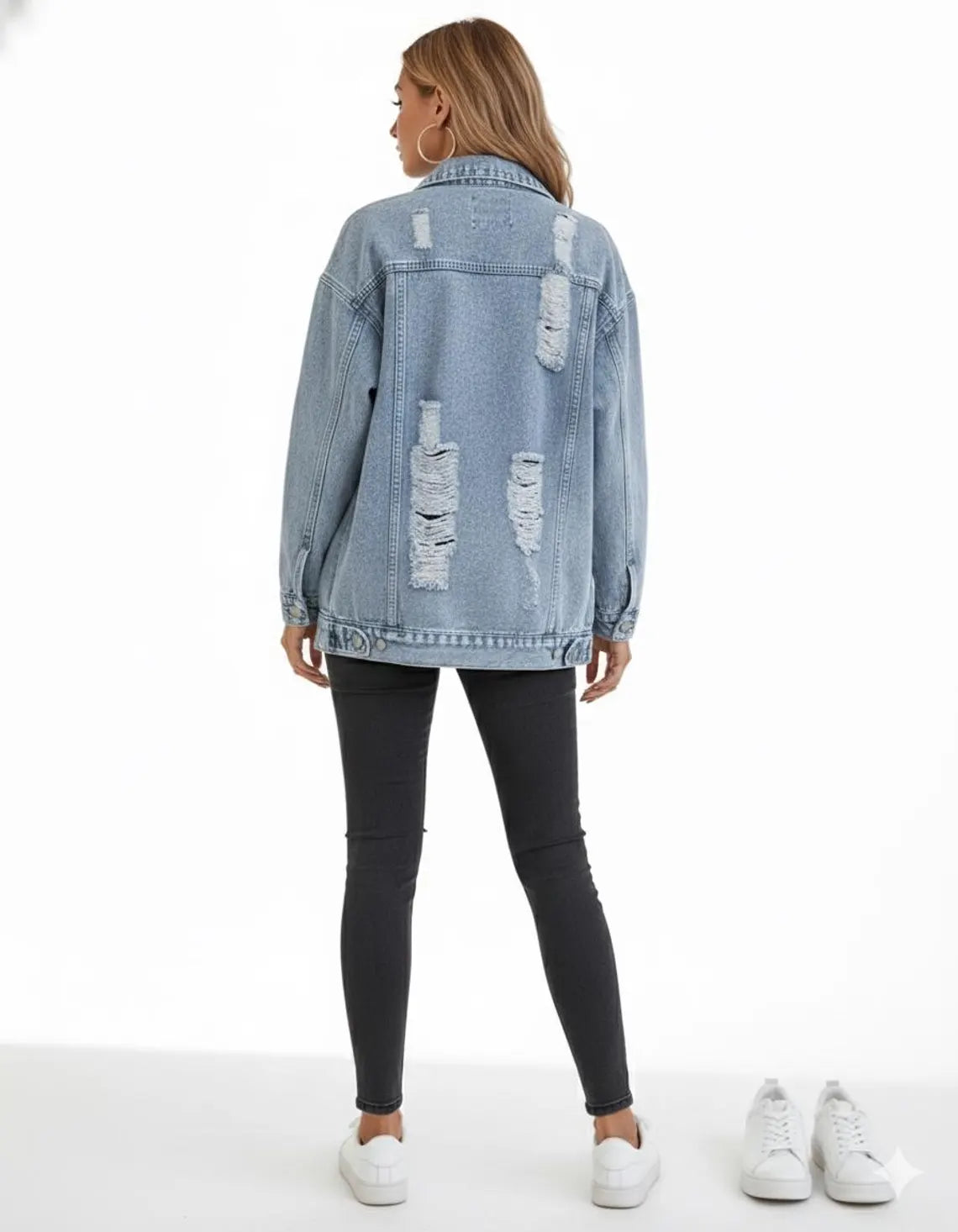 Distressed Denim Jacket for Women – Light Wash Oversized Jean Jacket