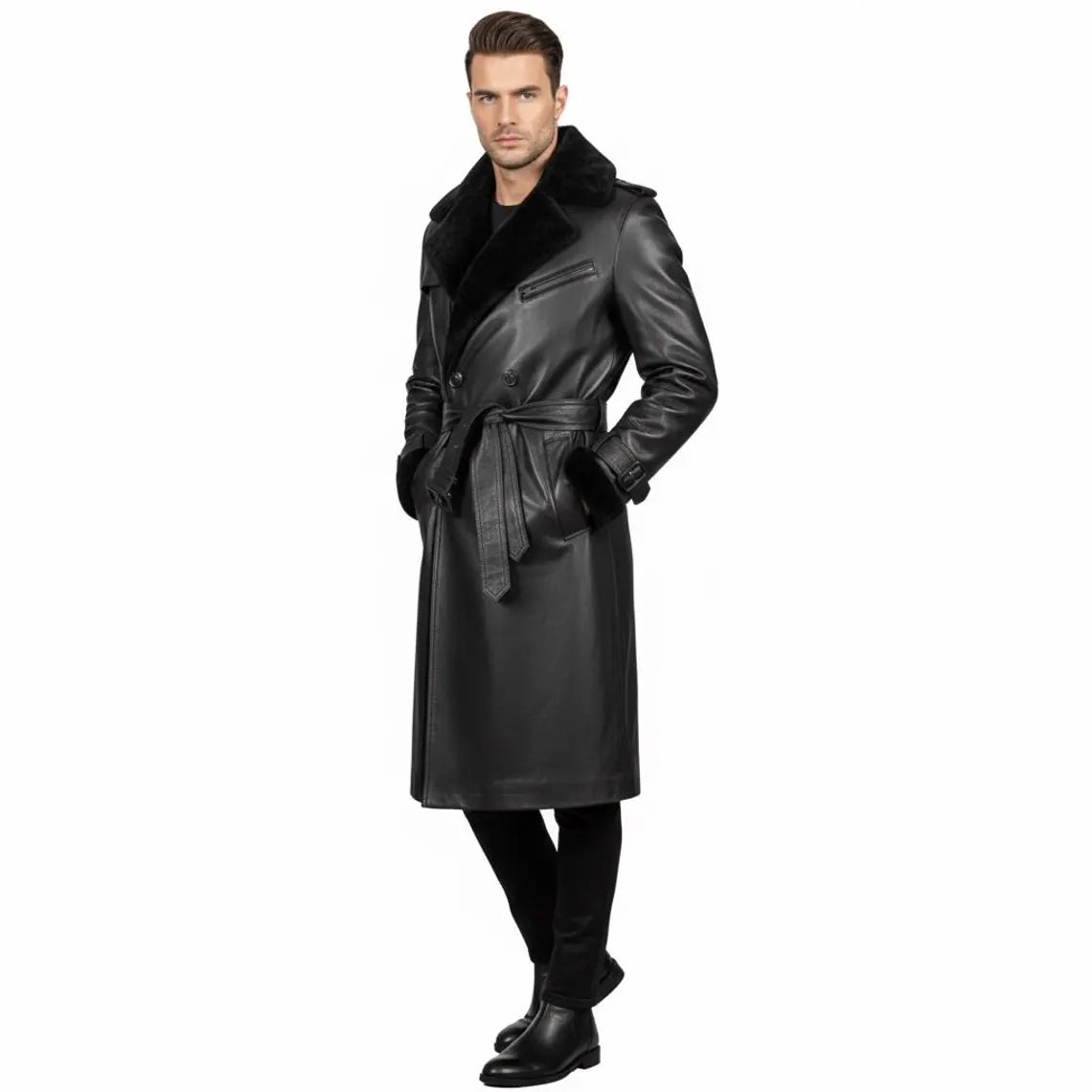 B3 Shearling Leather Trench Coat | Double Breasted Long Overcoat | Aviator Winter Jacket