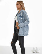 Distressed Denim Jacket for Women – Light Wash Oversized Jean Jacket