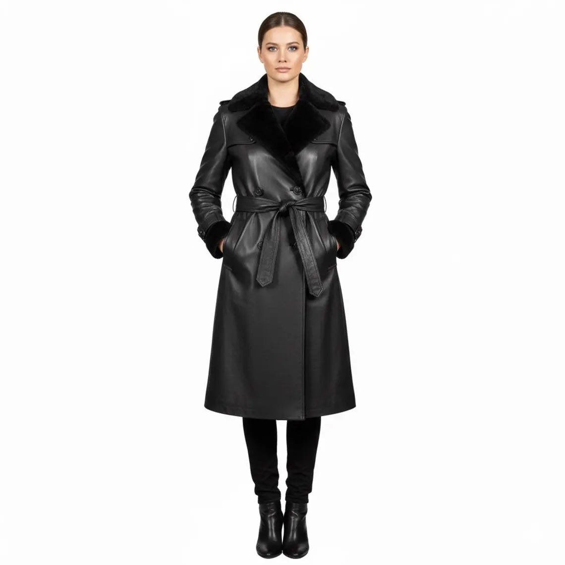 B3 Shearling Leather Trench Coat | Double Breasted Long Overcoat | Aviator Winter Jacket