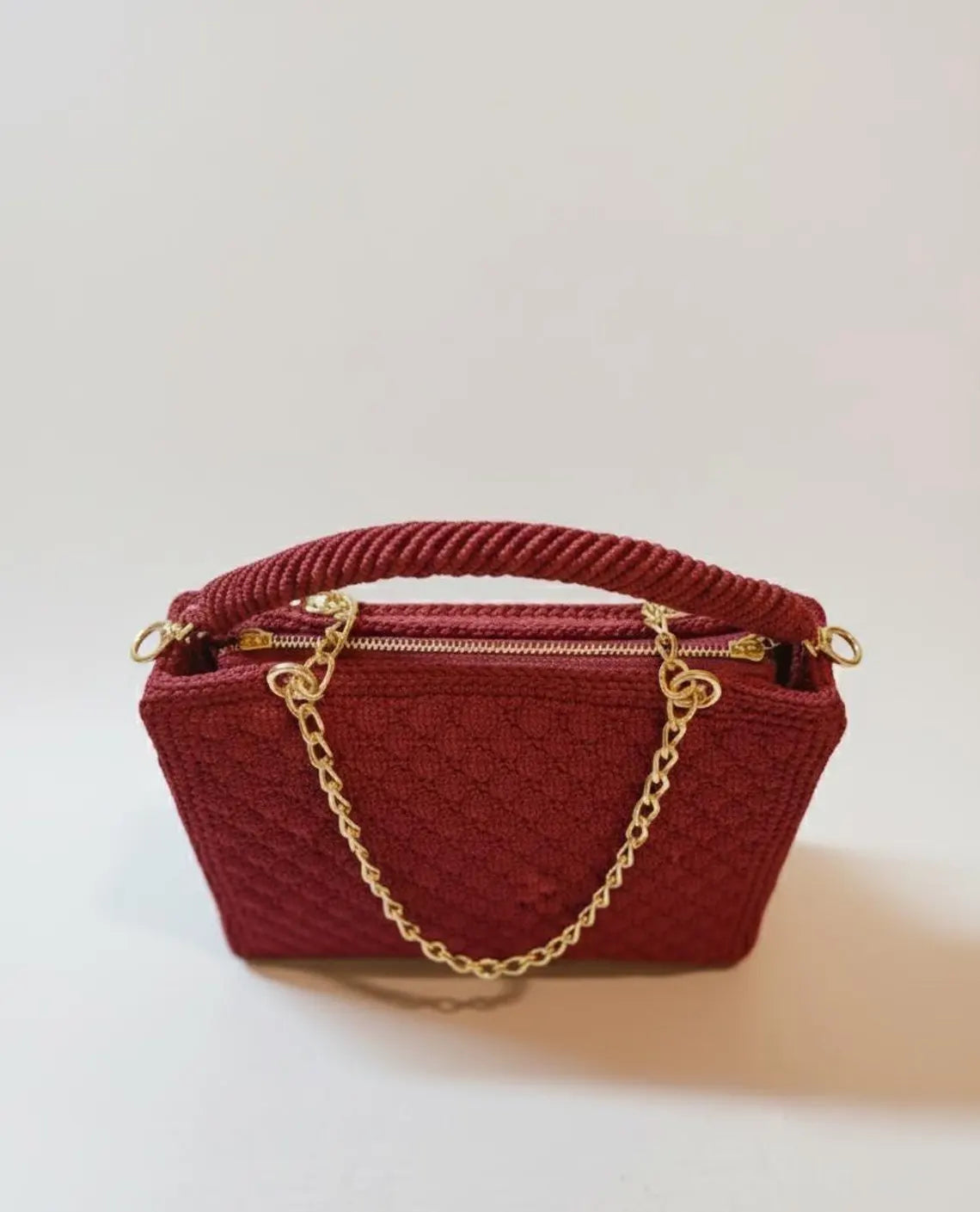 Handmade Crochet Burgundy Handbag | Gold Chain Strap, Boho Purse