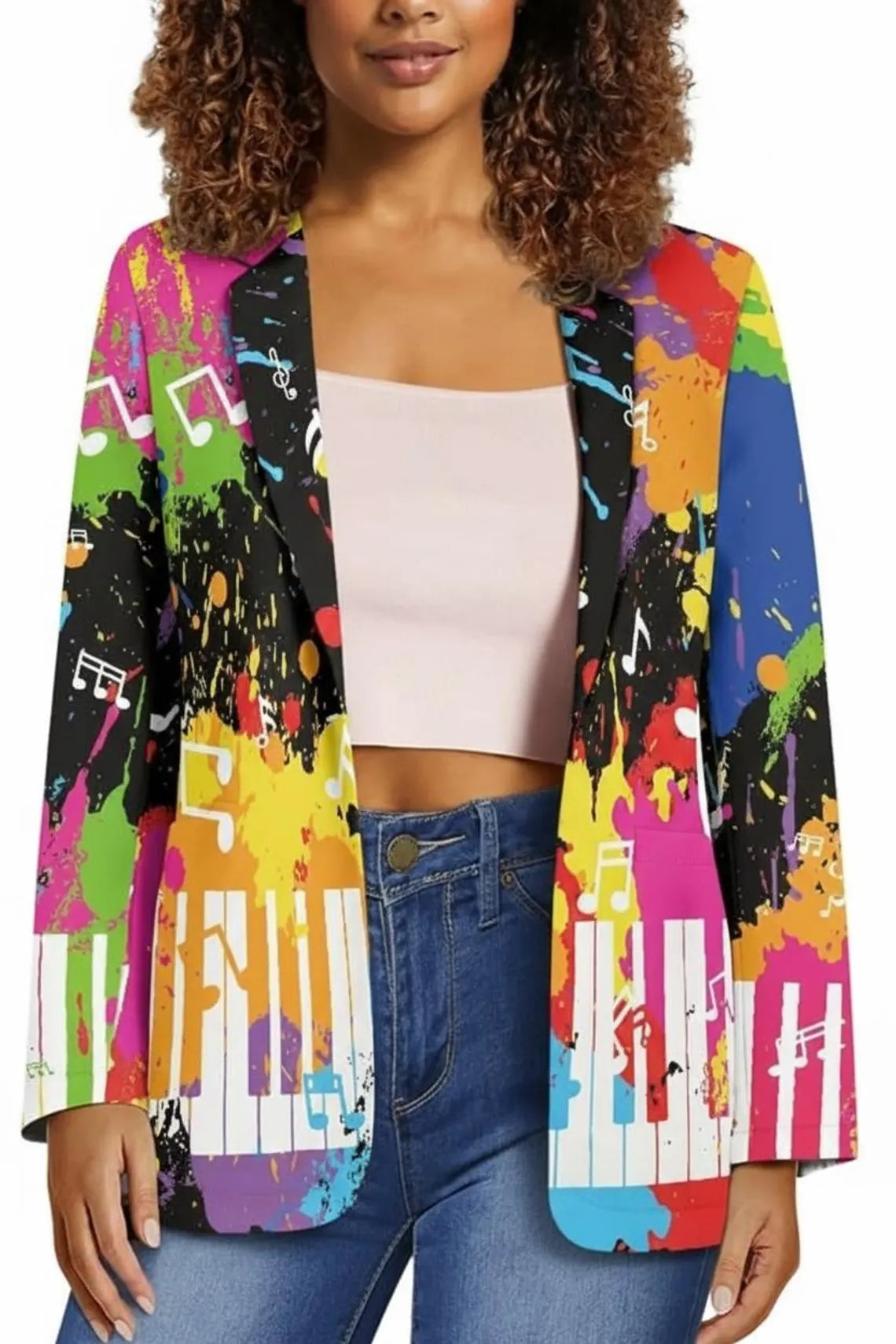 Women's Funky Music Note Piano Keys Splash Art Blazer