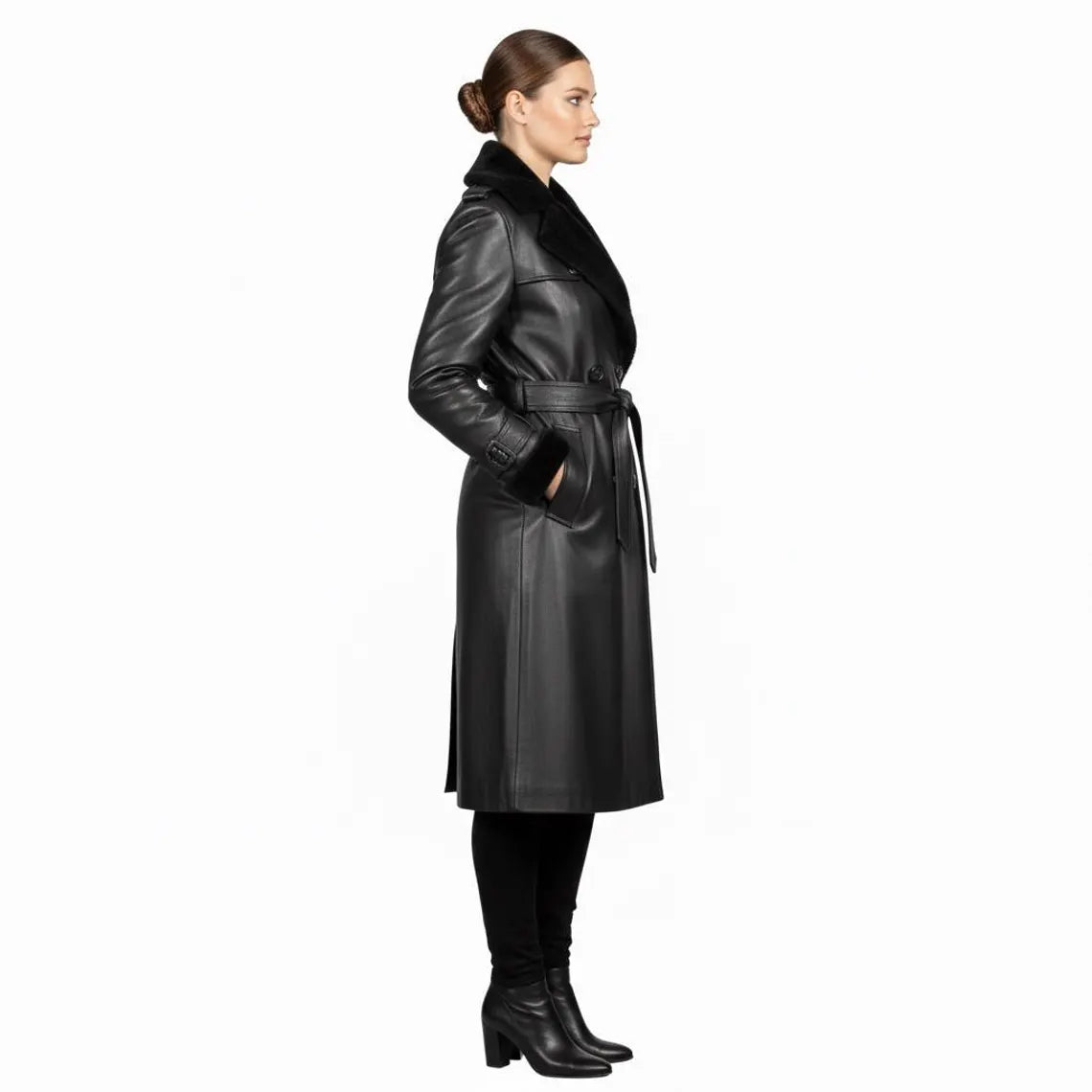 B3 Shearling Leather Trench Coat | Double Breasted Long Overcoat | Aviator Winter Jacket