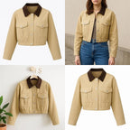 Cropped Barn Jacket for Women – Tan Canvas Chore Coat with Brown Collar