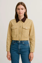 Cropped Barn Jacket for Women – Tan Canvas Chore Coat with Brown Collar