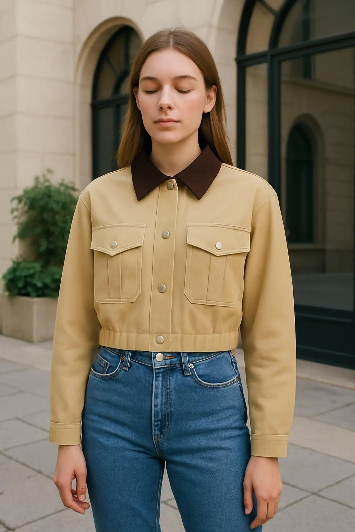 Cropped Barn Jacket for Women – Tan Canvas Chore Coat with Brown Collar