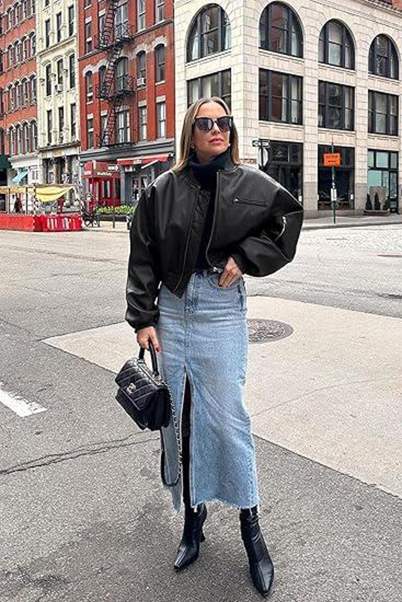 Cropped Faux Leather Bomber Jacket
