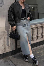 Cropped Faux Leather Bomber Jacket