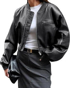 Cropped Faux Leather Bomber Jacket