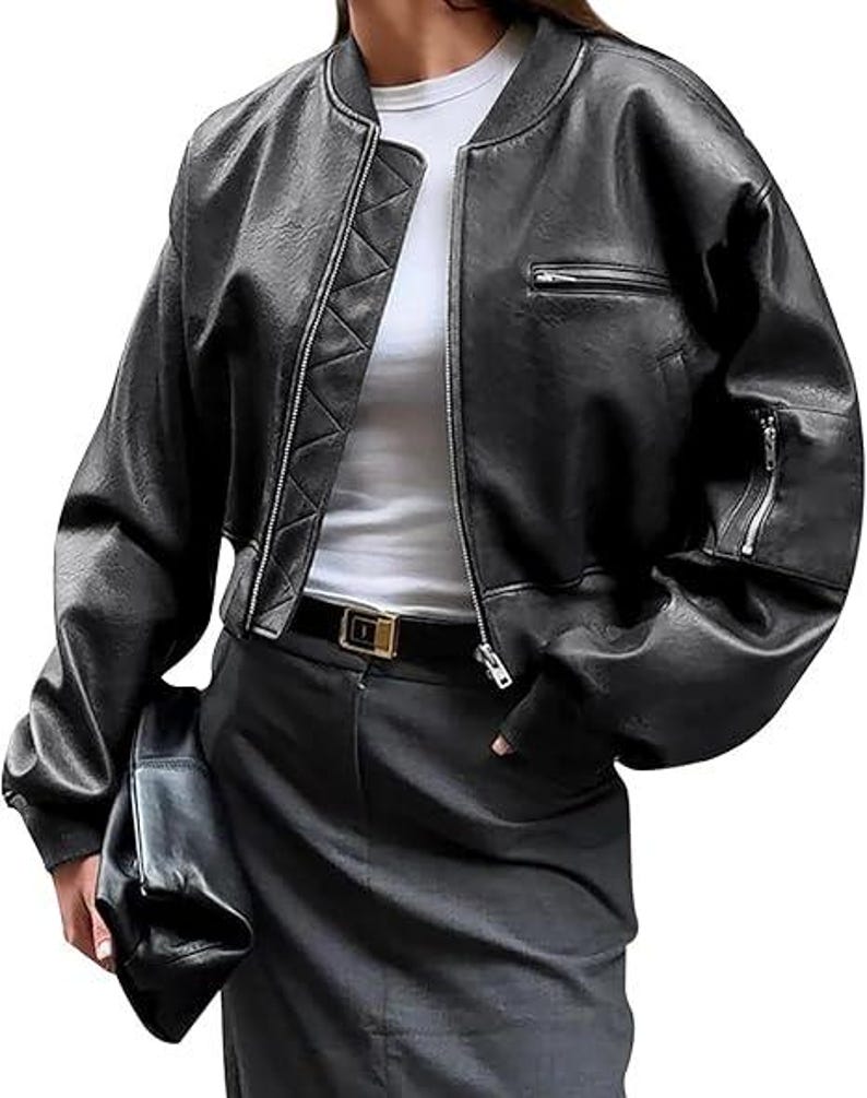 Cropped Faux Leather Bomber Jacket