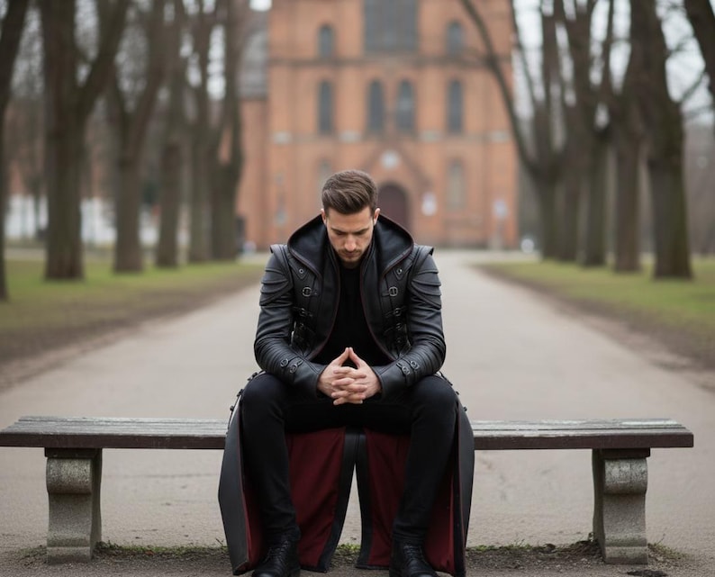 Black Hooded Leather Trench Coat | Gothic Long Coat