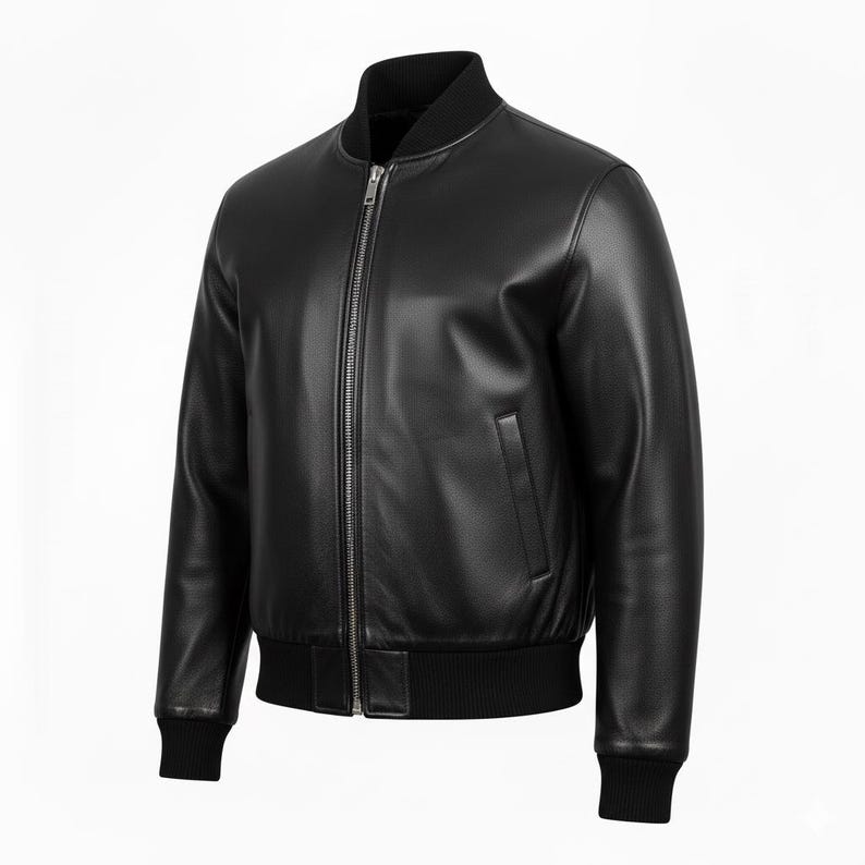 Men’s Black Faux Leather Bomber Jacket | Classic Zip-Up Moto Jacket | Lightweight Casual Streetwear Outerwear Secondary image