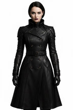 Women’s Black Leather Trench Coat | Gothic Long Coat | Double-Breasted Belted Jacket