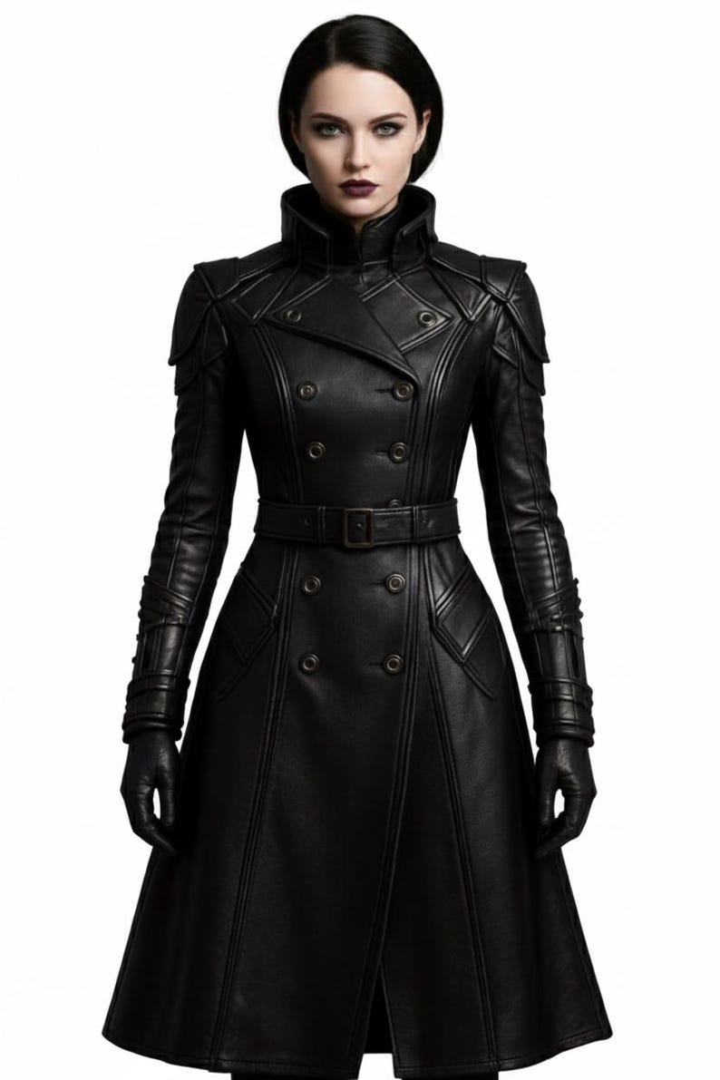Women’s Black Leather Trench Coat | Gothic Long Coat | Double-Breasted Belted Jacket