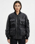 Tactical Black Leather Bomber Jacket | Utility Multi-Pocket Streetwear Jacket | Unisex Cargo Style Winter Outerwear