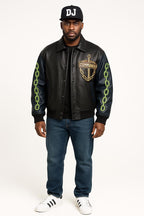 Commander Varsity Leather Jacket | Chain Sleeve Streetwear
