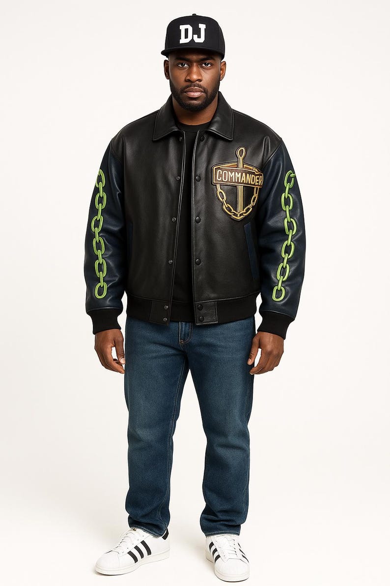 Commander Varsity Leather Jacket | Chain Sleeve Streetwear