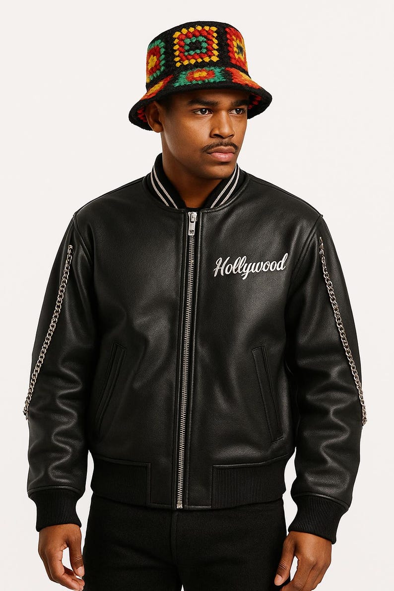 Unisex Chain Sleeve Bomber Jacket | Streetwear Leather Look Coat