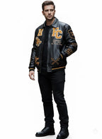 Unisex RFC Dragon Varsity Bomber Jacket | Black Leather Look Patch Coat for Men & Women