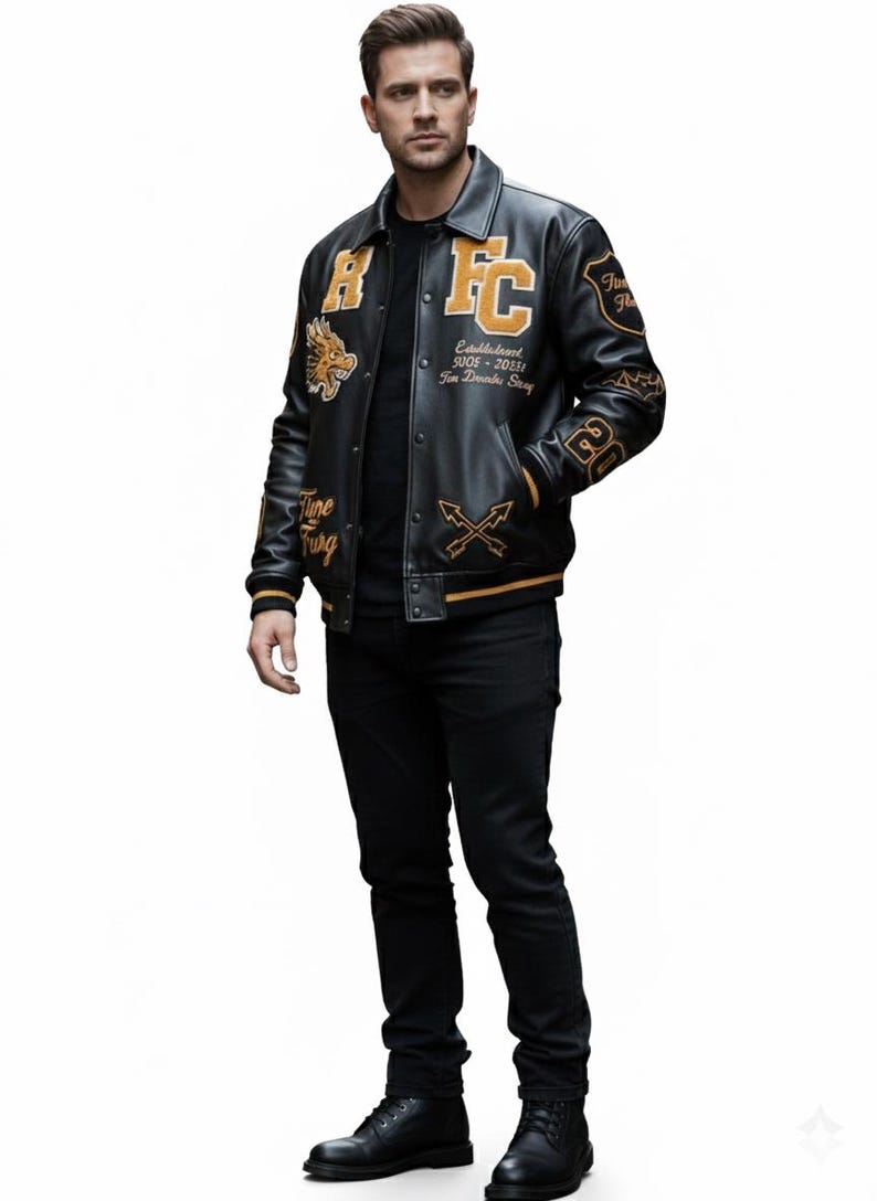Unisex RFC Dragon Varsity Bomber Jacket | Black Leather Look Patch Coat for Men & Women