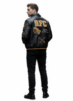 Unisex RFC Dragon Varsity Bomber Jacket | Black Leather Look Patch Coat for Men & Women