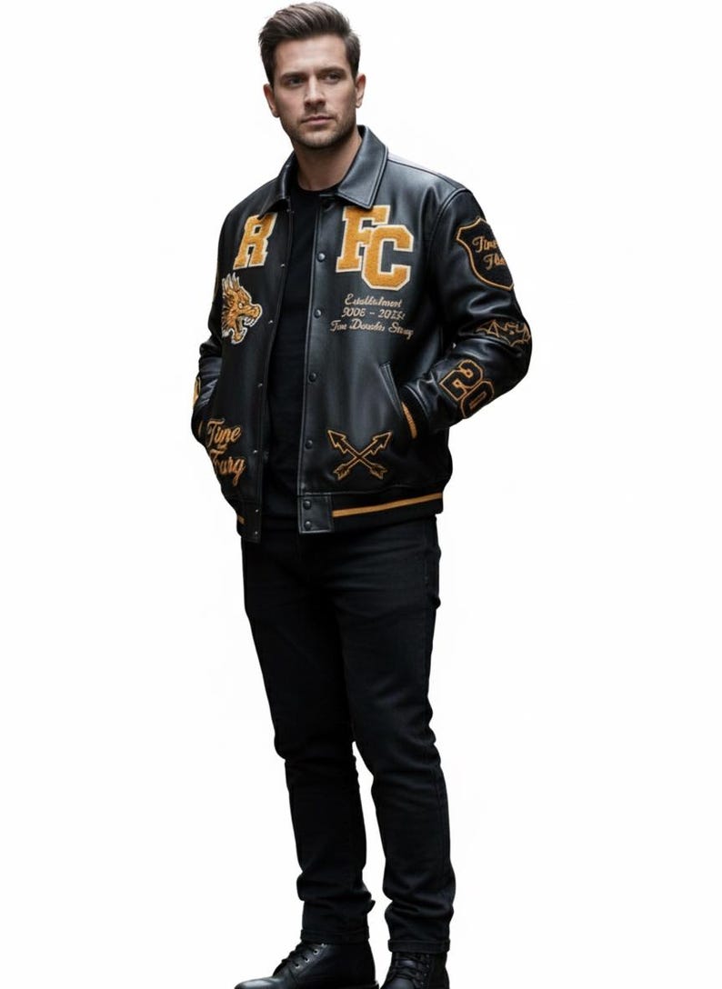 Unisex RFC Dragon Varsity Bomber Jacket | Black Leather Look Patch Coat for Men & Women