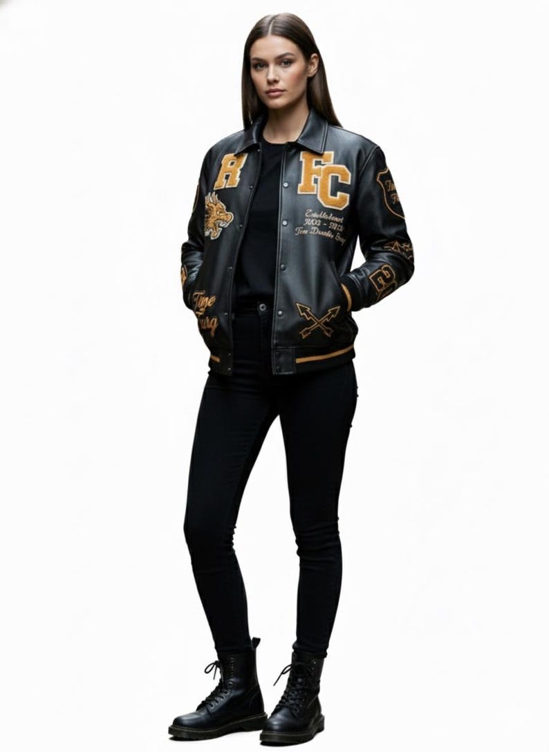 Unisex RFC Dragon Varsity Bomber Jacket | Black Leather Look Patch Coat for Men & Women