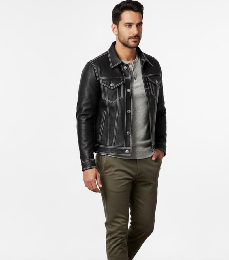 Unisex Black Faux Leather Trucker Jacket | White Stitch Moto Style Secondary image