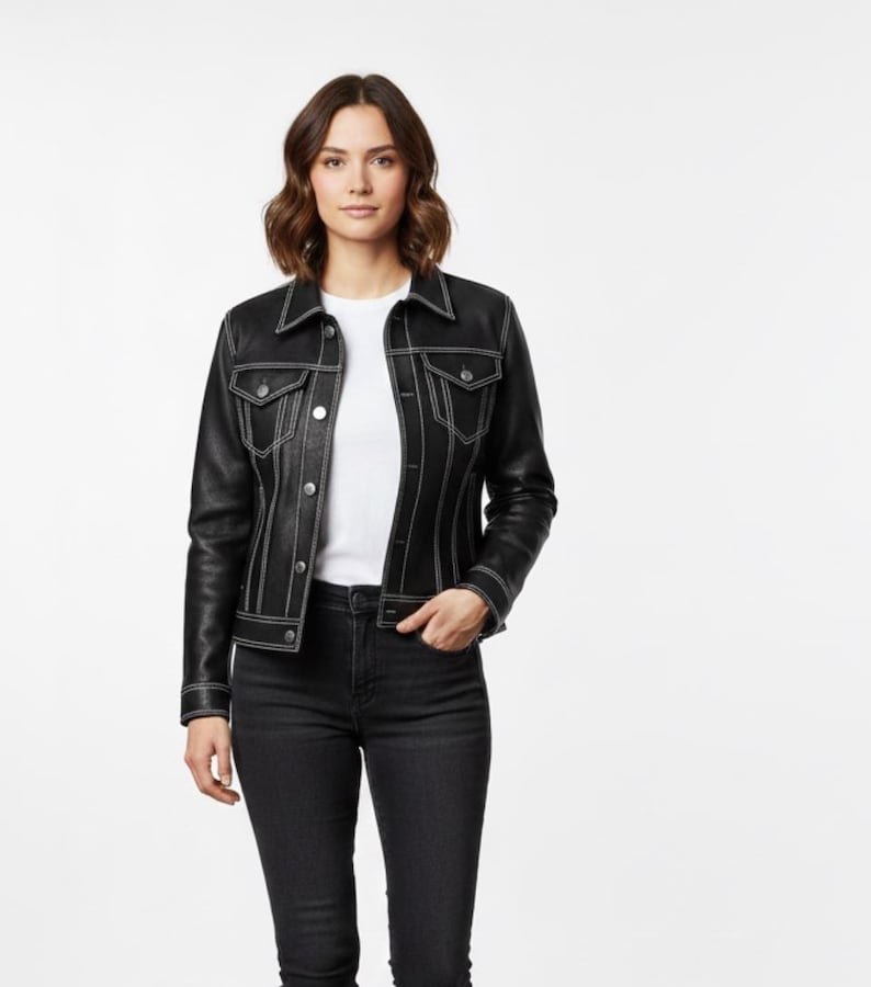 Unisex Black Faux Leather Trucker Jacket | White Stitch Moto Style