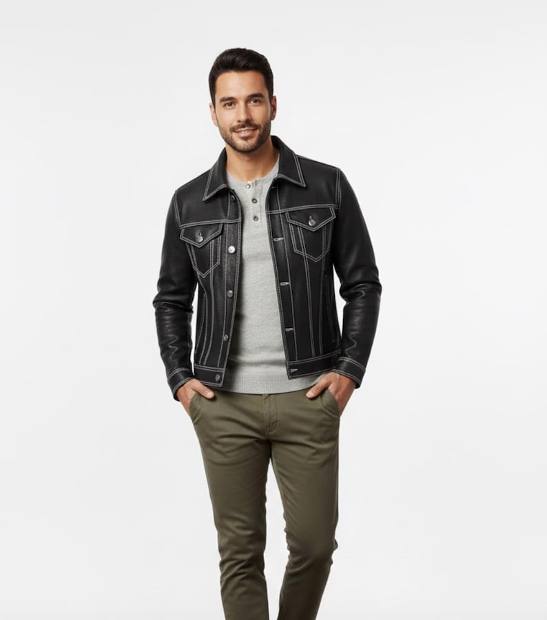 Unisex Black Faux Leather Trucker Jacket | White Stitch Moto Style