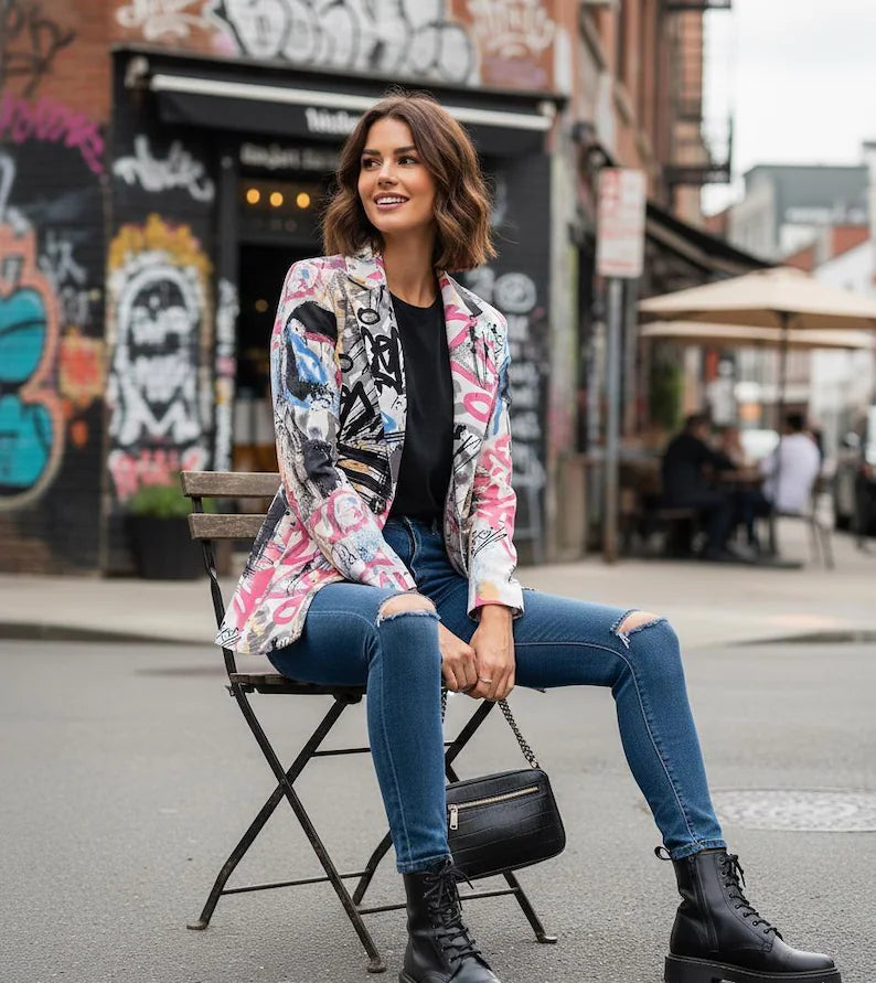 Women's Graffiti Art Blazer - Urban Street Style Jacket - Colorful Abstract Print Outerwear