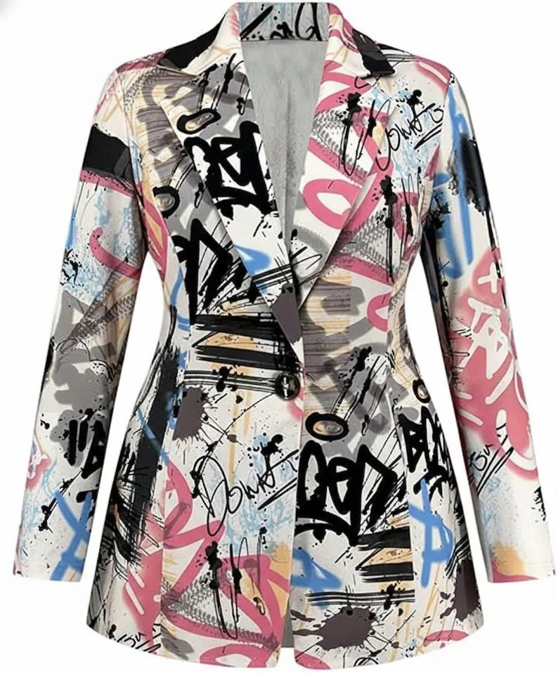 Women's Graffiti Art Blazer - Urban Street Style Jacket - Colorful Abstract Print Outerwear