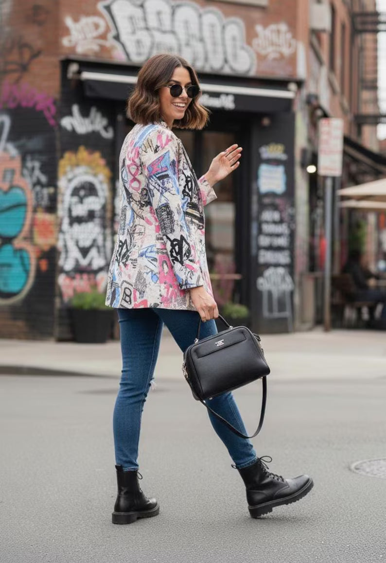 Women's Graffiti Art Blazer - Urban Street Style Jacket - Colorful Abstract Print Outerwear