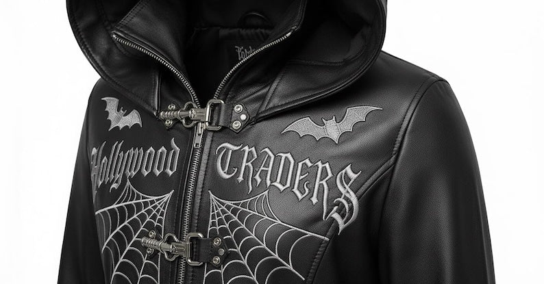 Gothic Hooded Faux Leather Trench Coat | Spider Web Embroidery