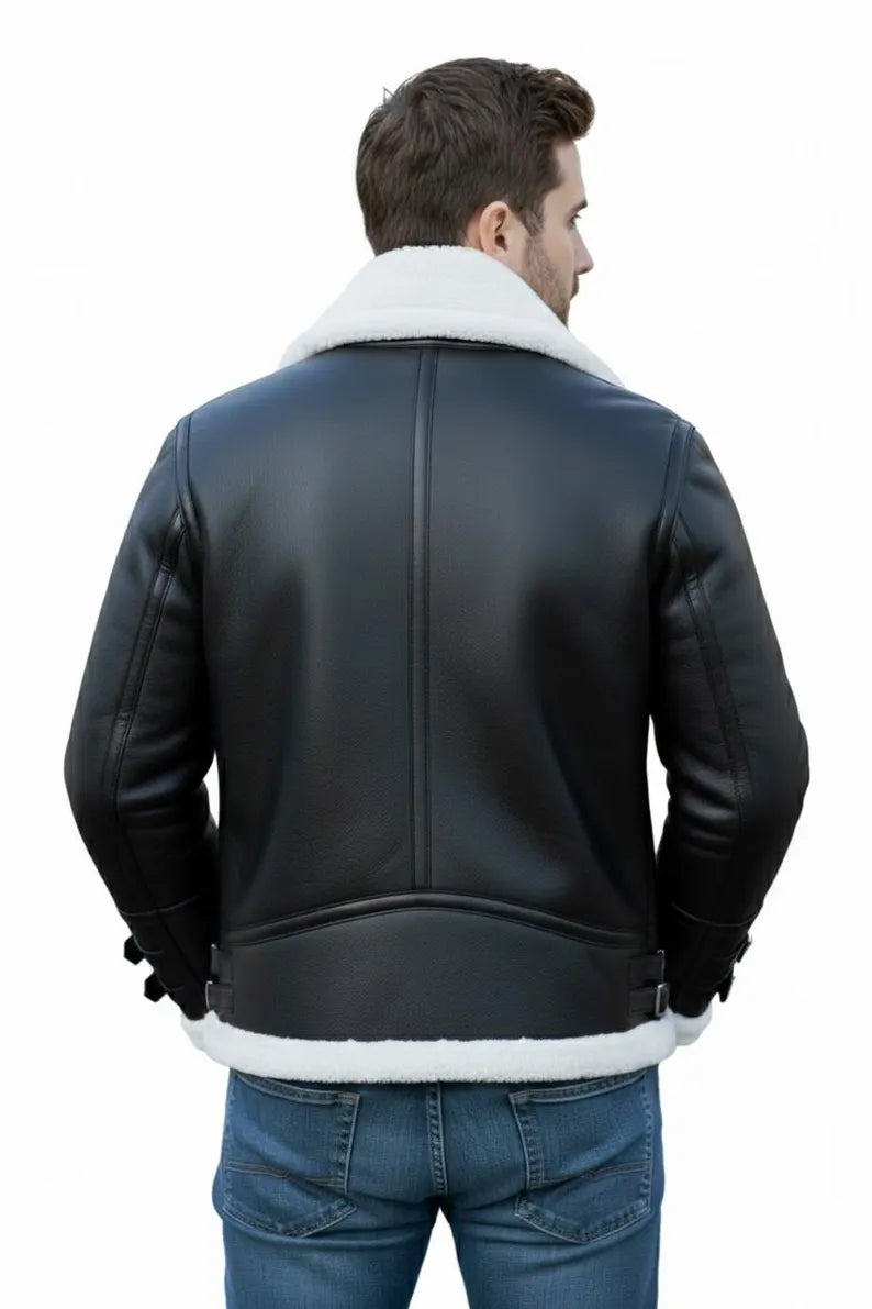 Men's Black Genuine Leather Aviator Jacket with Shearling