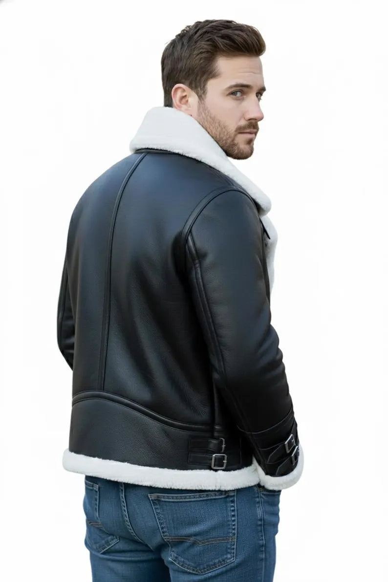 Men's Black Genuine Leather Aviator Jacket with Shearling