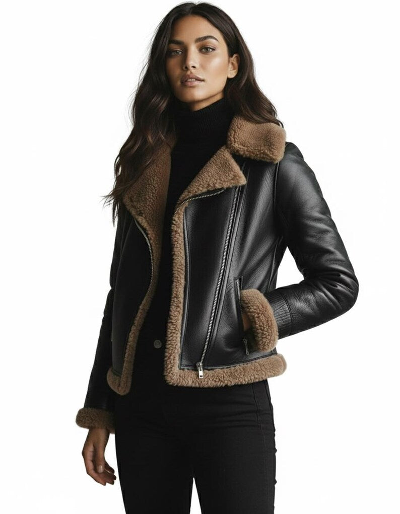 Genuine Leather Aviator Jacket | Faux Shearling Winter Coat