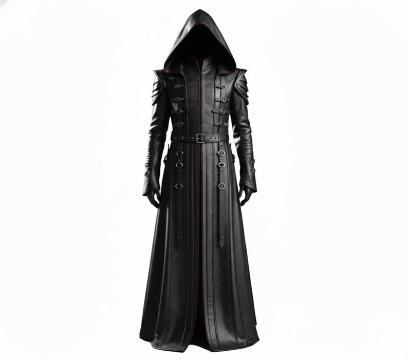 Black Hooded Leather Trench Coat | Gothic Long Coat