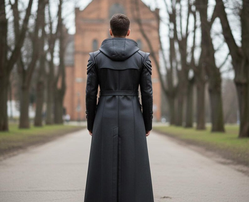 Black Hooded Leather Trench Coat | Gothic Long Coat