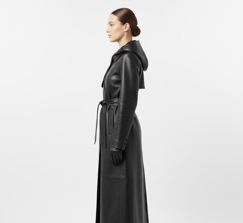 Belted Long Black Leather Trench Coat | Winter Overcoat