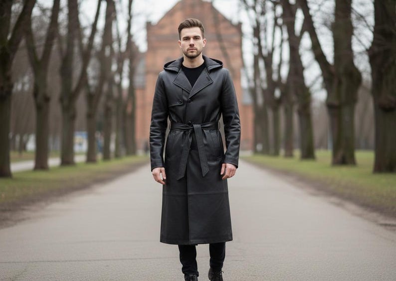 Belted Long Black Leather Trench Coat | Winter Overcoat