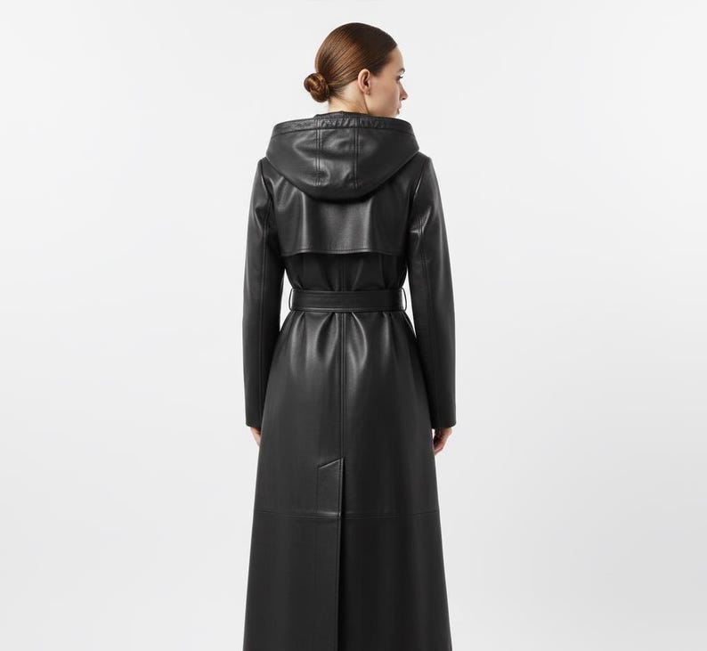 Belted Long Black Leather Trench Coat | Winter Overcoat