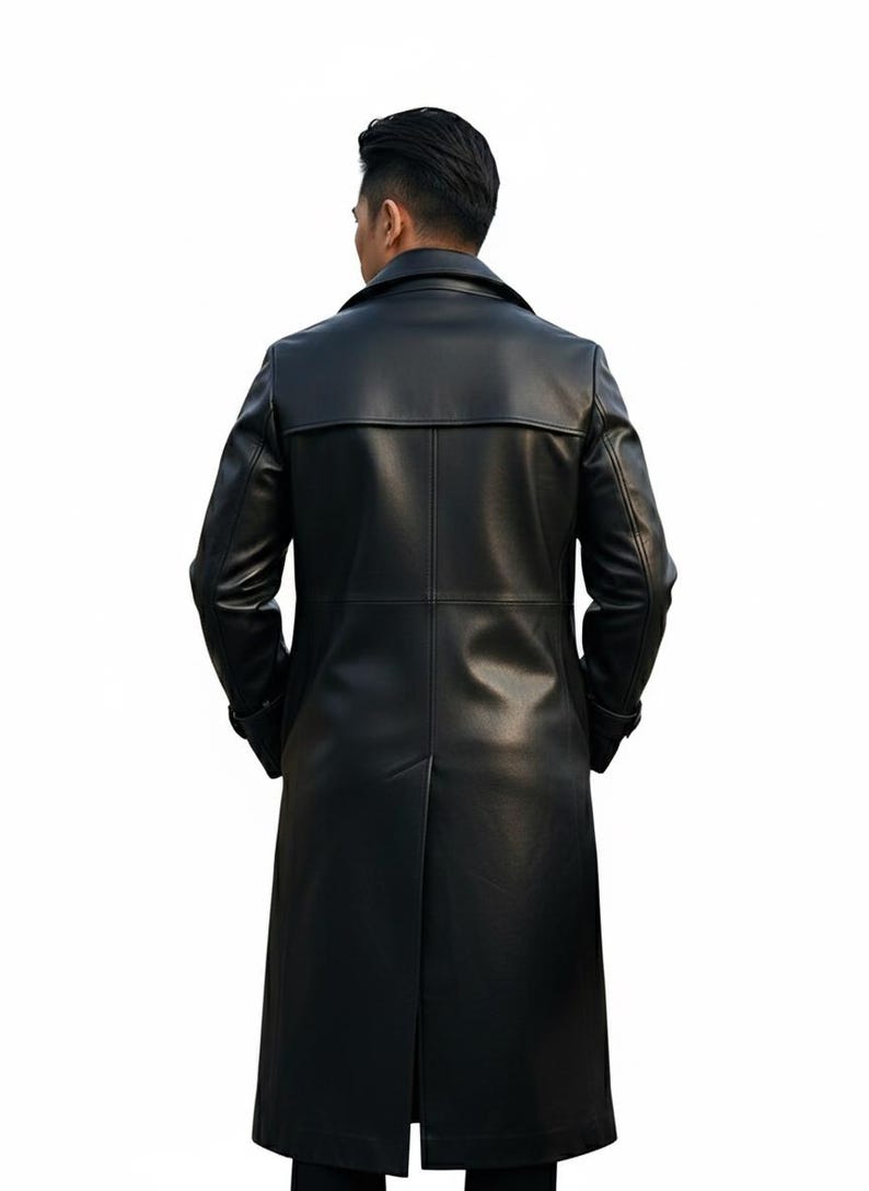 Long Black PU Leather Trench Coat | Double Breasted Spring Autumn Overcoat for Men & Women |