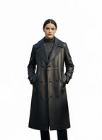 Long Black PU Leather Trench Coat | Double Breasted Spring Autumn Overcoat for Men & Women |