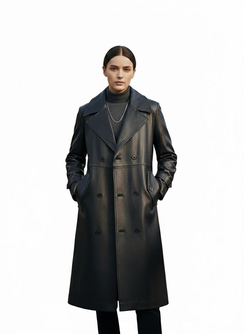 Long Black PU Leather Trench Coat | Double Breasted Spring Autumn Overcoat for Men & Women |