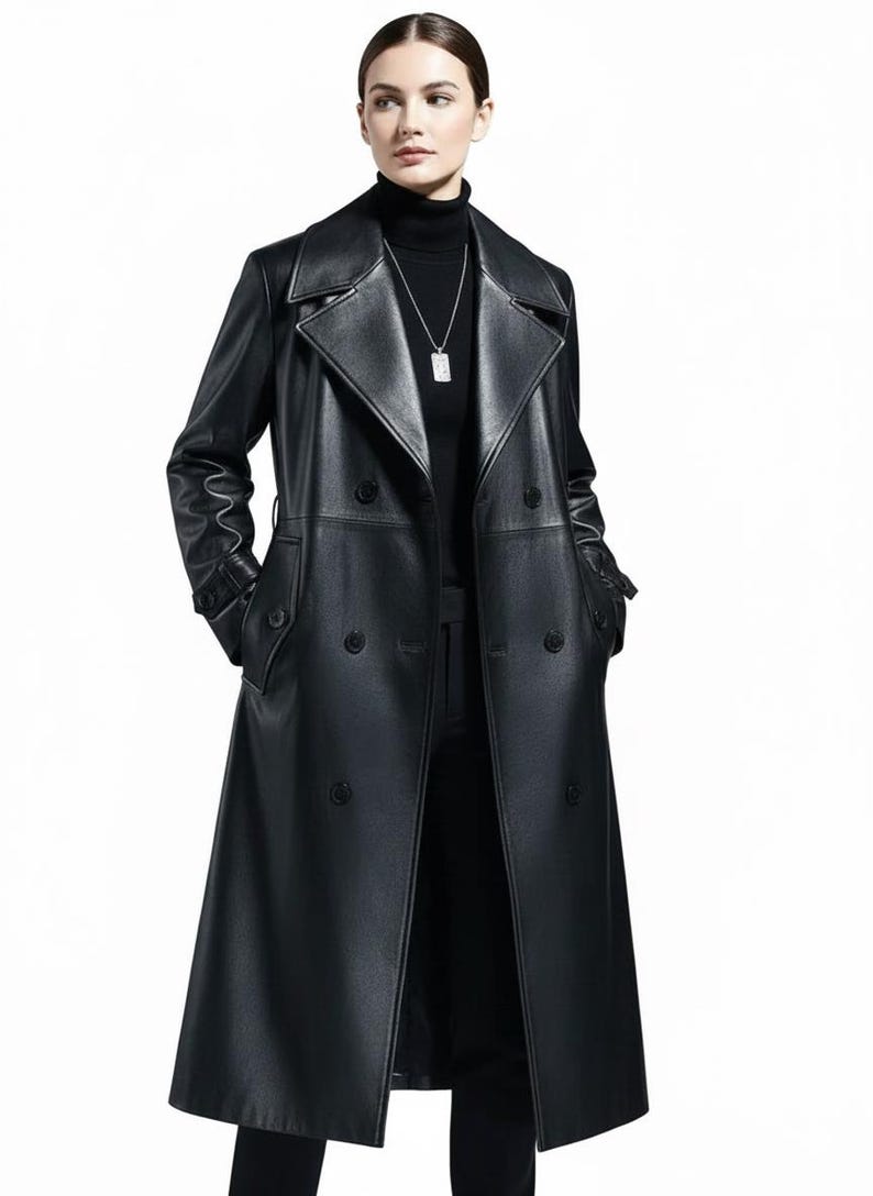 Long Black PU Leather Trench Coat | Double Breasted Spring Autumn Overcoat for Men & Women |