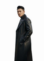 Long Black PU Leather Trench Coat | Double Breasted Spring Autumn Overcoat for Men & Women |